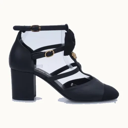 Tacones Chanel Camellia Mary Janes Negros, Talla 37
