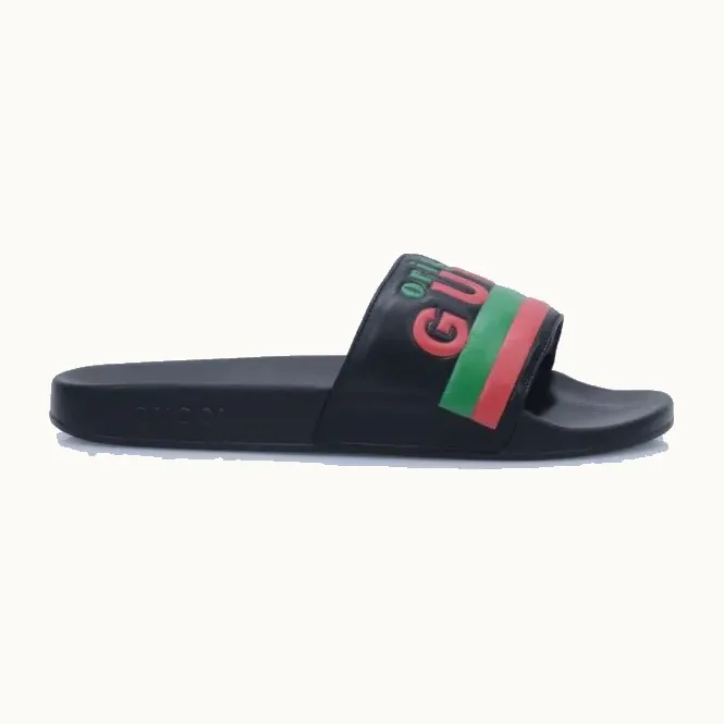Sandalias Slide Gucci Logo Negras, Talla 44