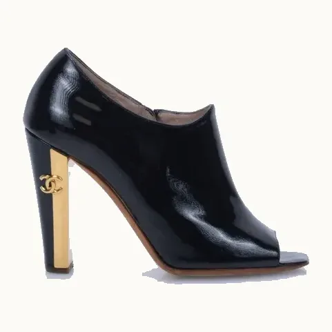 Zapatos Chanel Peep-Toe Ankle Patent Negros, Talla 38