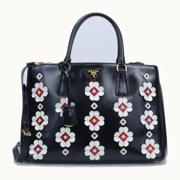 Bolso de Mano Prada Galleria Medium Floral Appliqué Negro