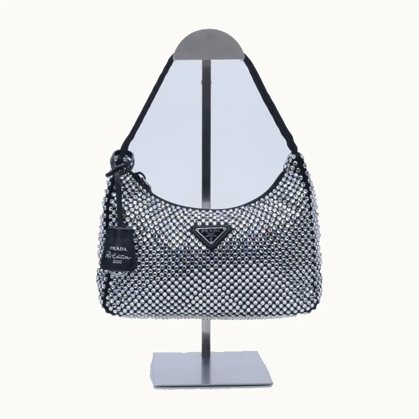 Bolso Prada Re-Edition 2000 Mini Crystals Plateado