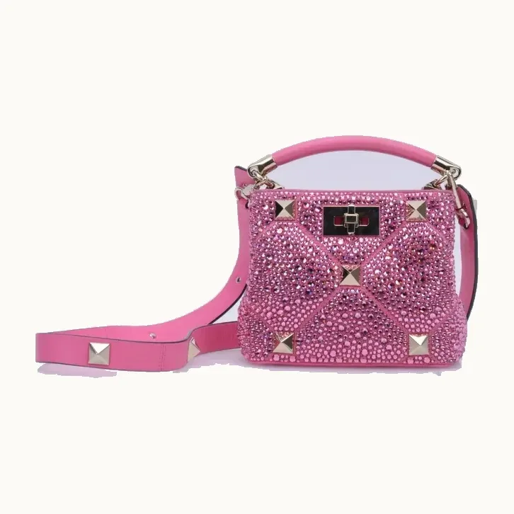 Bolso Top Handle Valentino Roman Stud Mini Crystals Rosa