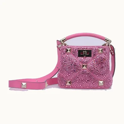 Bolso Top Handle Valentino Roman Stud Mini Crystals Rosa