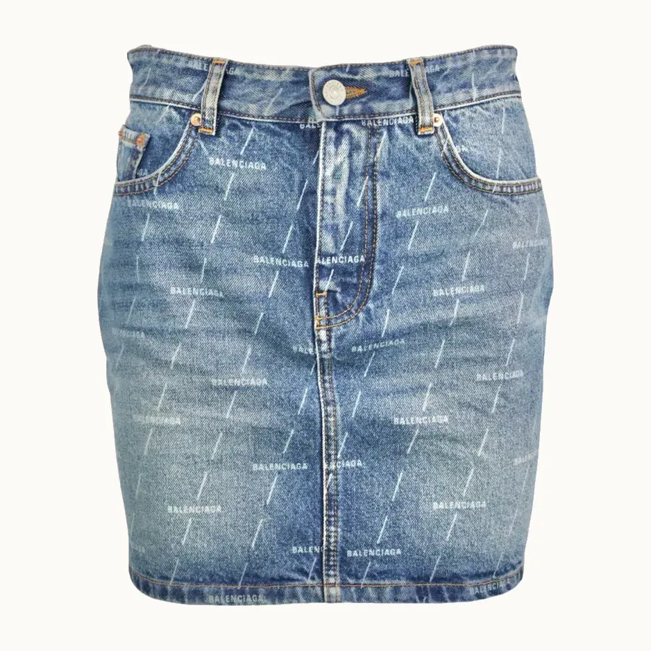 Enagua Balenciaga Denim All Over Logo, Talla 38 IT