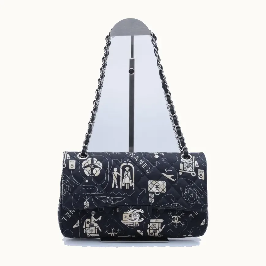 De hombro Chanel Classic Double Flap Medium Airline Satin Negro mediana