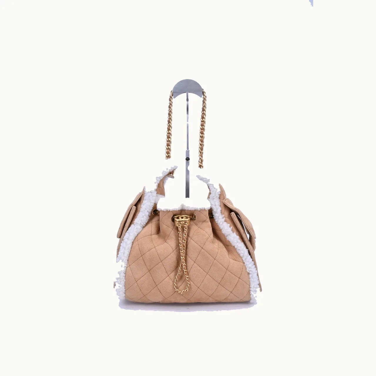 De hombro Chanel 25 Small Shearling Trim Suede Beige