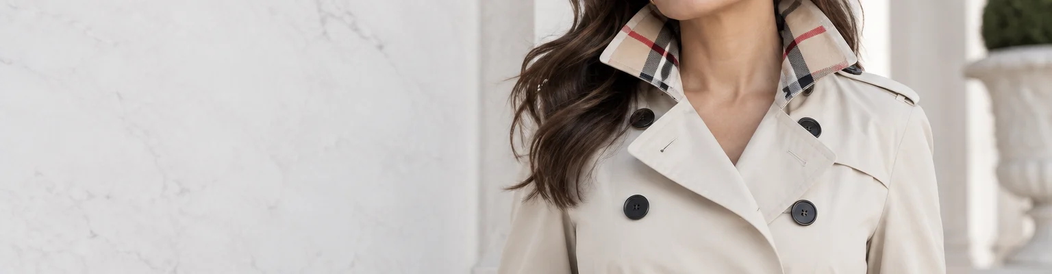 Double-breasted Burberry trench coat, buttons and belt visible
